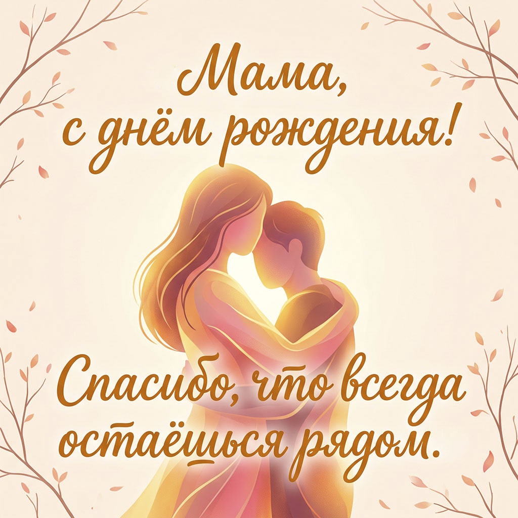 Открытка с объятиями и текстом "Мама, с днем рождения! Спасибо, что всегда остаешься рядом".