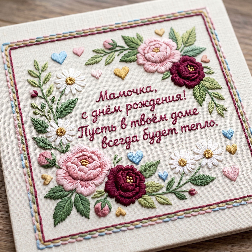 Вышитая открытка с цветами и текстом "Мамочка, с днем рождения! Пусть в твоем доме всегда будет тепло".