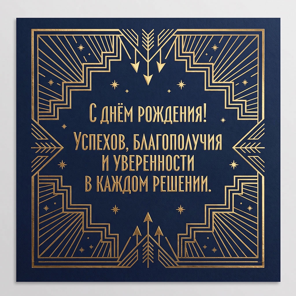 Открытка в стиле арт-деко с текстом "С днем рождения! Успехов, благополучия и уверенности в каждом решении".