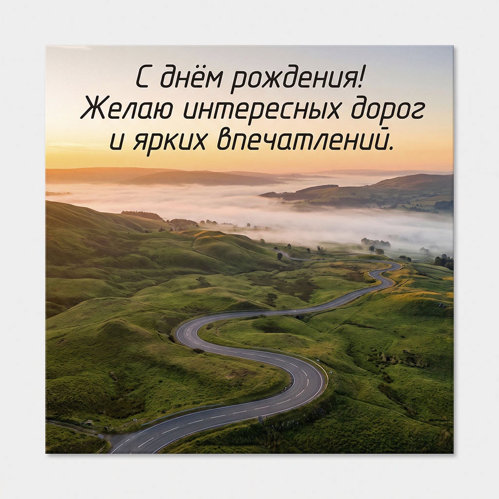 Открытка с горной дорогой и текстом "С днем рождения! Желаю интересных дорог и ярких впечатлений". 