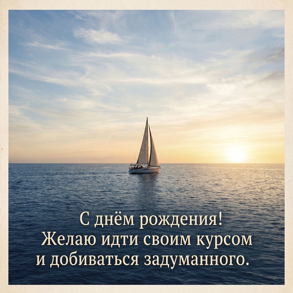 Открытка с яхтой в море и текстом "С днем рождения! Желаю идти своим курсом и добиваться задуманного". 