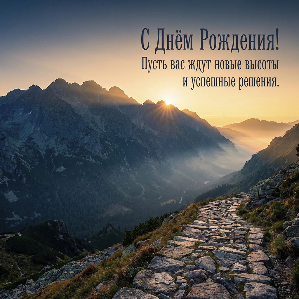 Открытка с горной тропой и текстом "С днем рождения! Пусть вас ждут новые высоты и успешные решения".