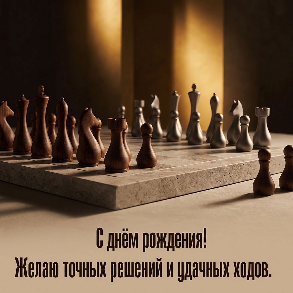 Открытка с шахматами и текстом "С днем рождения! Желаю точных решений и удачных ходов".