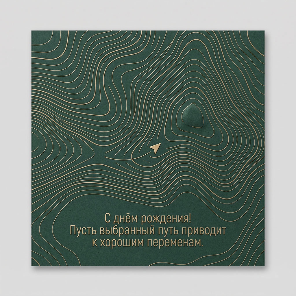 Открытка с контурной картой и текстом "С днем рождения! Пусть выбранный путь приводит к хорошим переменам".