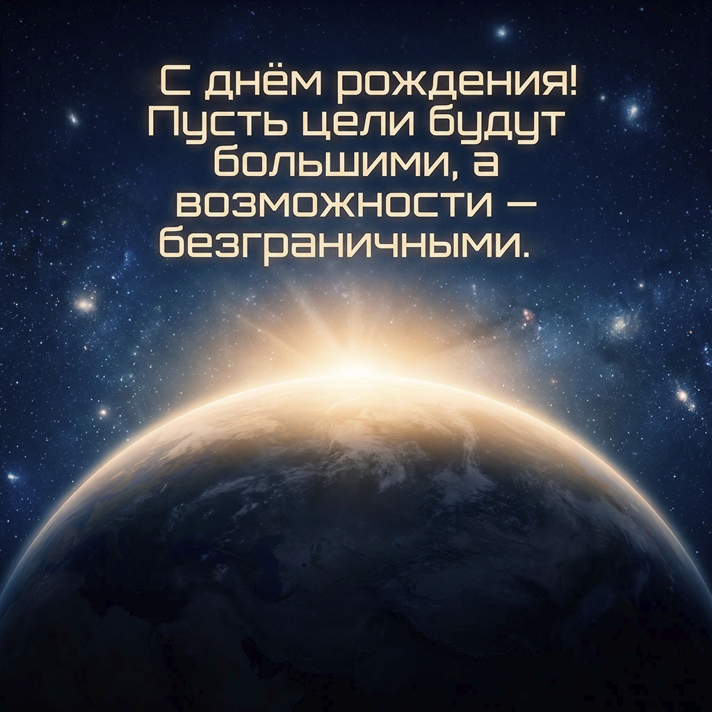 Открытка с видом на планету Земля из космоса и текстом "С днем рождения! Пусть цели будут большими, а возможности - безграничными".