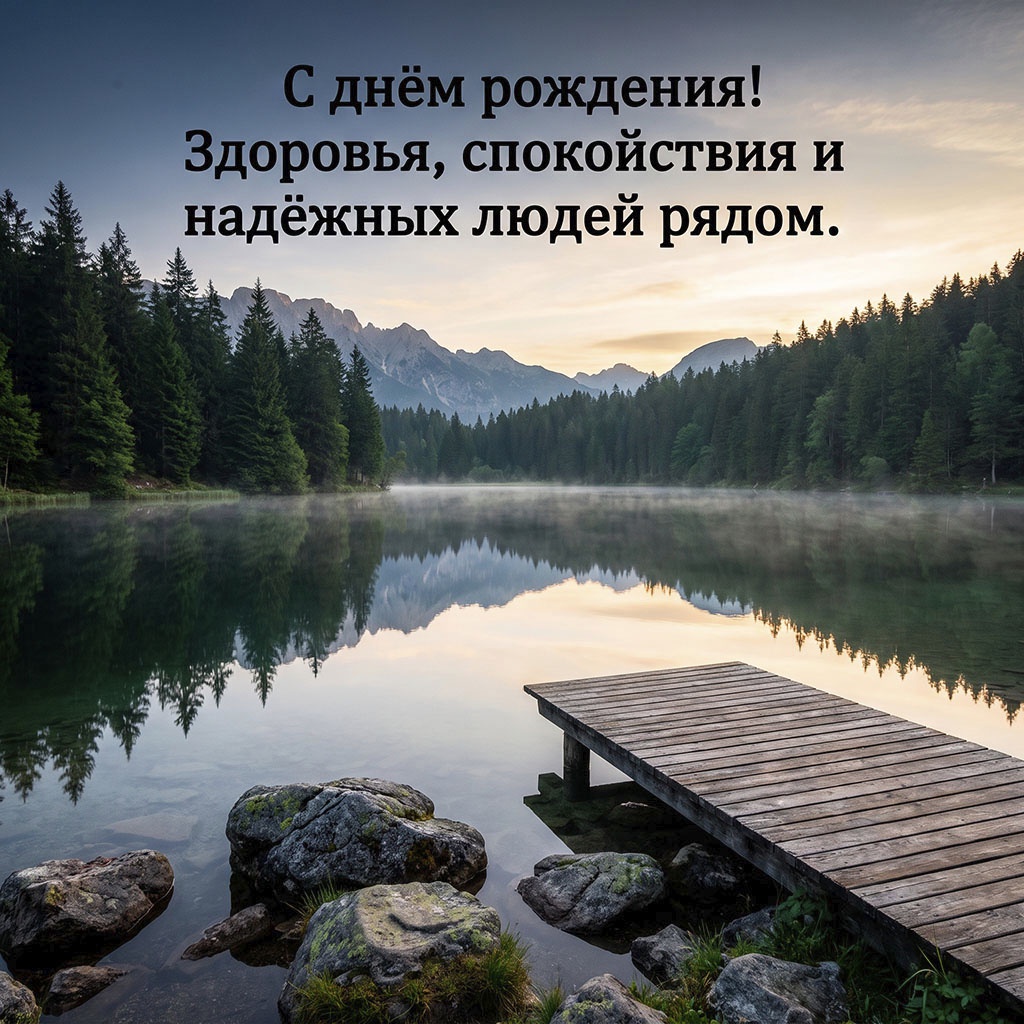 Открытка с горным озером и текстом "С днем рождения! Здоровья, спокойствия и надежных людей рядом".