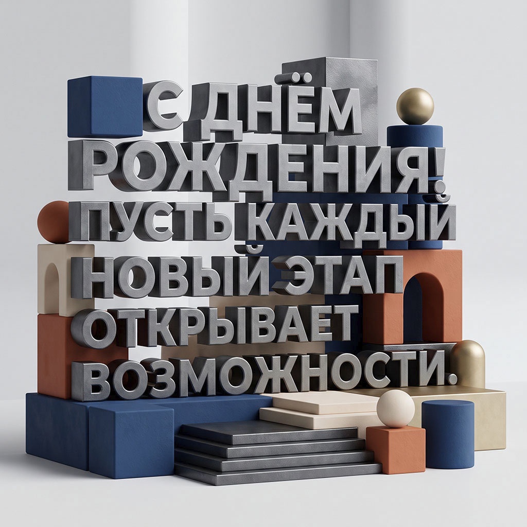 Открытка с 3D-текстом и поздравлением "С днем рождения! Пусть каждый новый этап открывает возможности".