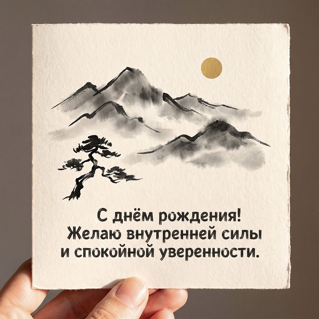 Открытка в стиле суми-э с горами и текстом "С днем рождения! Желаю внутренней силы и спокойной уверенности".