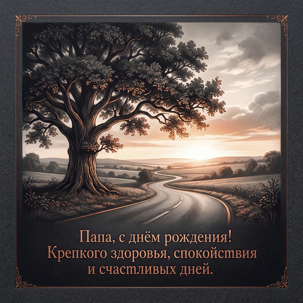 Открытка с дубом и дорогой, текст "Папа, с днем рождения! Крепкого здоровья, спокойствия и счастливых дней".