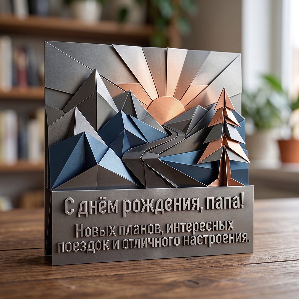 Открытка с рельефным пейзажем на металле и текстом "С днем рождения, папа! Новых планов, интересных поездок и отличного настроения".