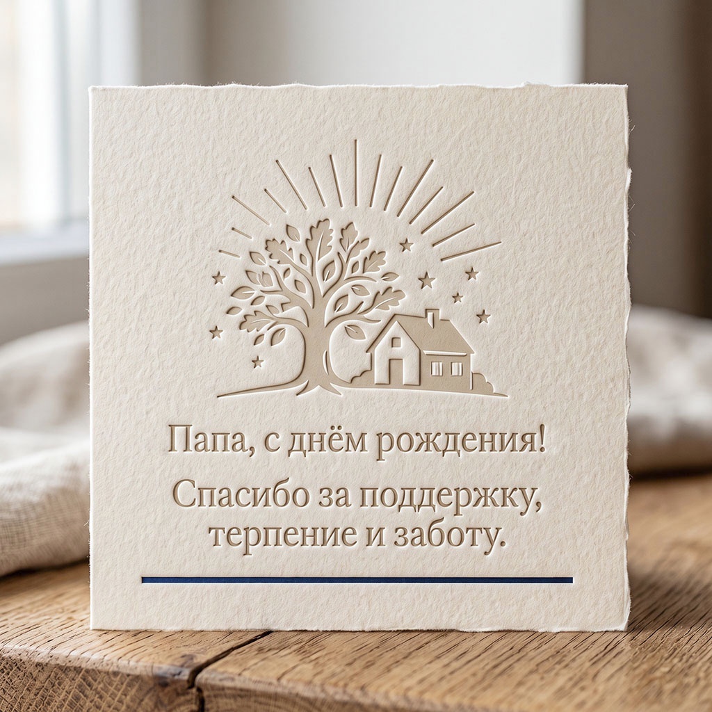 Открытка с тиснением и текстом "Папа, с днем рождения! Спасибо за поддержку, терпение и заботу".
