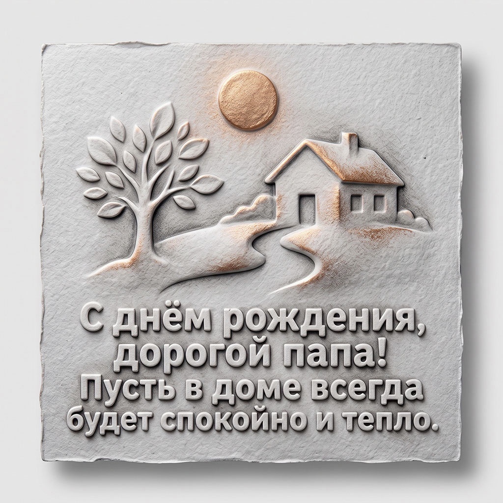 Каменная открытка с домиком и текстом "С днем рождения, дорогой папа! Пусть в доме всегда будет спокойно и тепло".