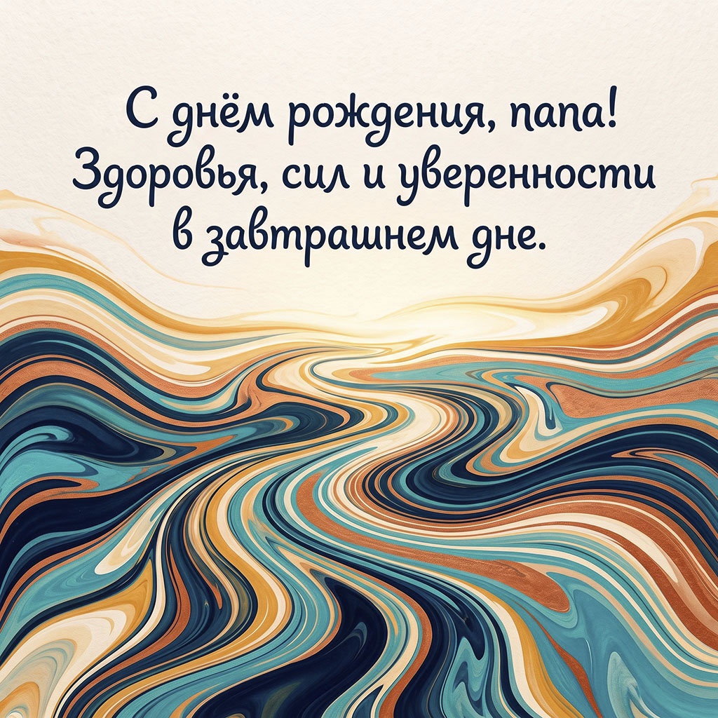Абстрактная открытка с волнами и текстом "С днем рождения, папа! Здоровья, сил и уверенности в завтрашнем дне".