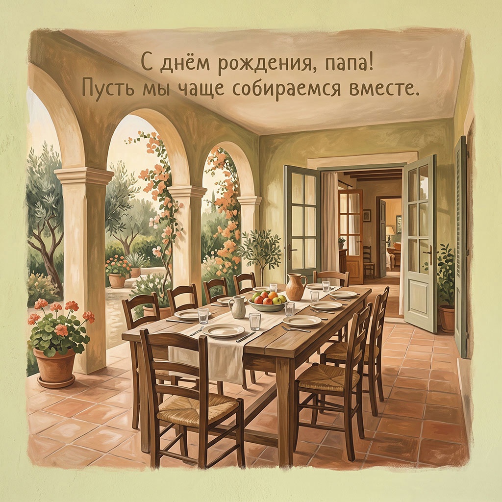 Открытка с террасой и текстом "С днем рождения, папа! Пусть мы чаще собираемся вместе".