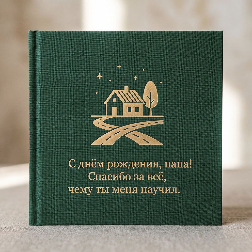 Открытка-книга с домиком и текстом "С днем рождения, папа! Спасибо за все, чему ты меня научил".