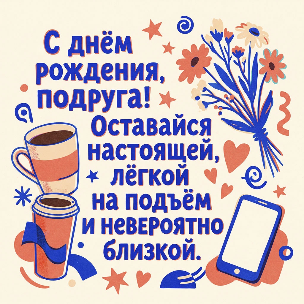 Ретрооткрытка с текстом "С днем рождения, подруга! Оставайся настоящей, легкой на подъем и невероятно близкой".