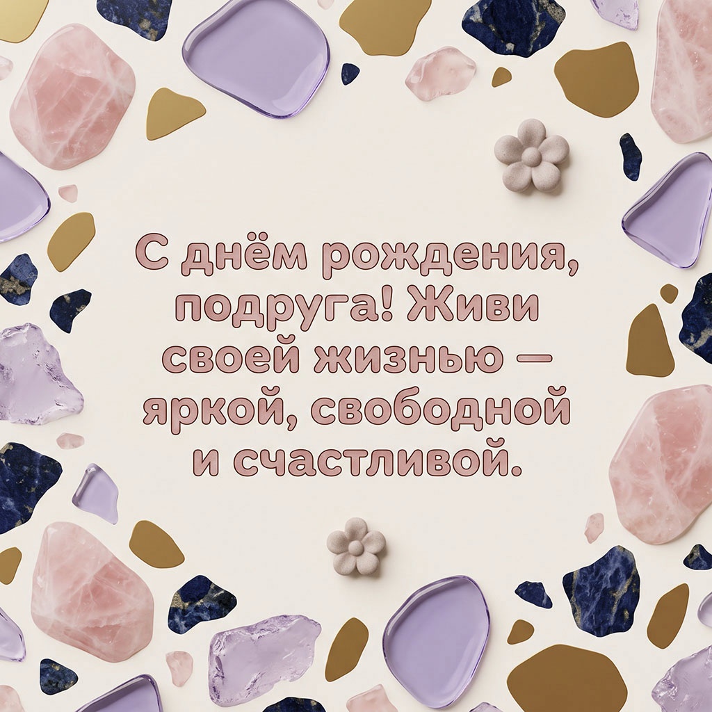 Открытка с кристаллами и текстом "С днем рождения, подруга! Живи своей жизнью - яркой, свободной и счастливой".
