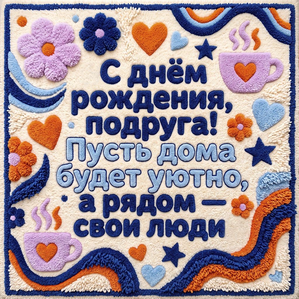 Вышитая открытка с текстом "С днем рождения, подруга! Пусть дома будет уютно, а рядом - свои люди".