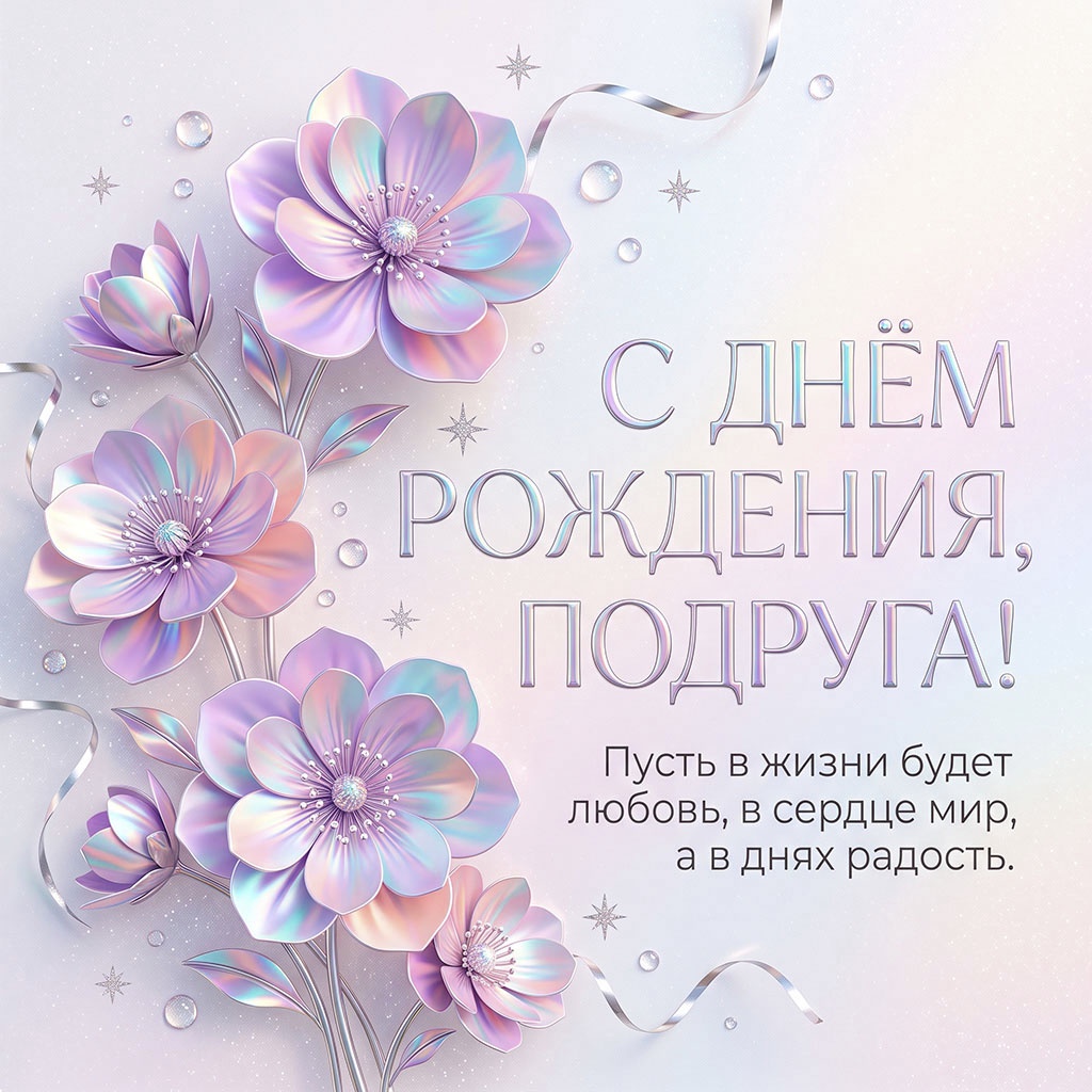 Открытка с цветами из перламутра и поздравлением "С днем рождения, подруга! Пусть в жизни будет любовь, в сердце мир, а в днях радость".