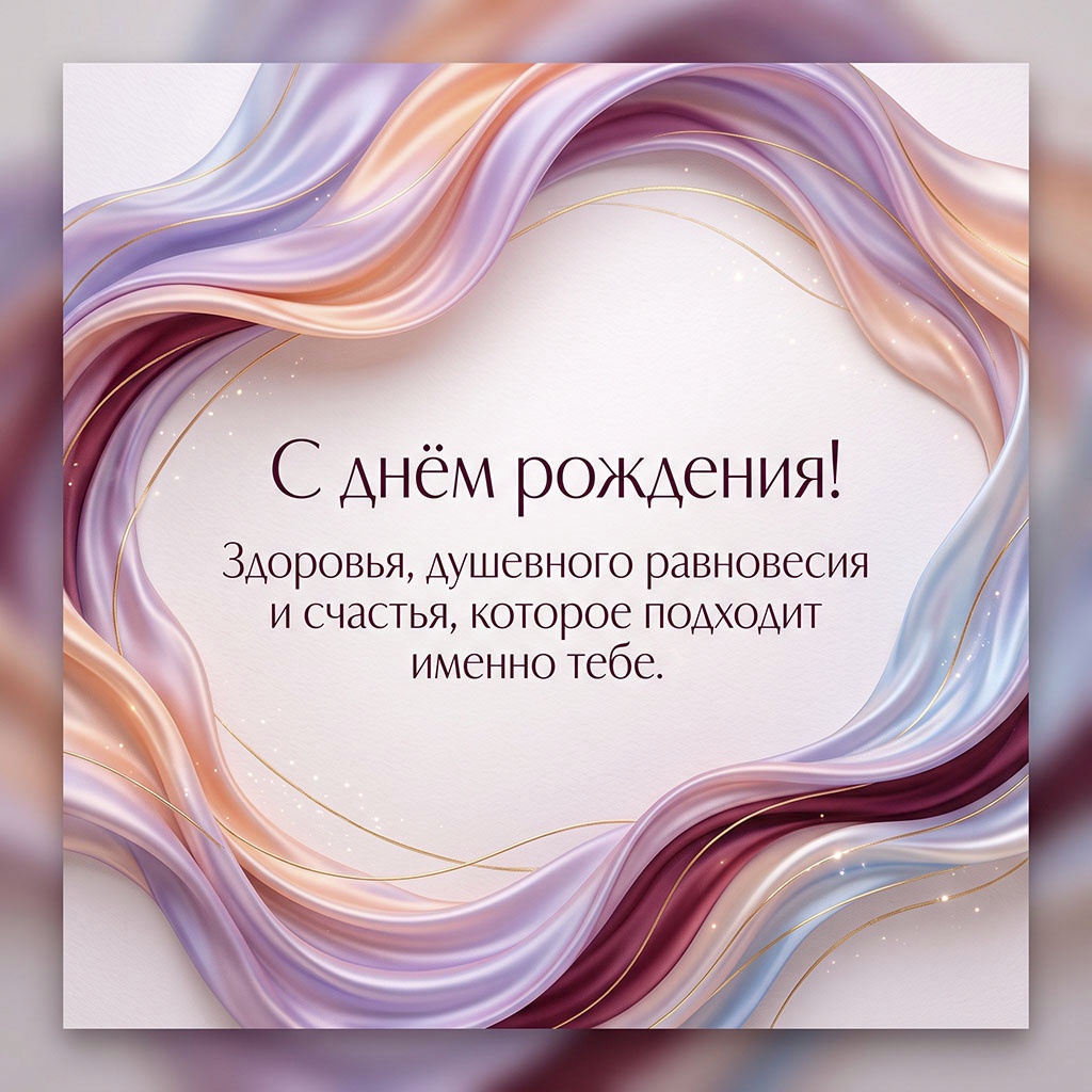 Открытка с шелковыми и золотыми лентами и текстом поздравления "С днем рождения! Здоровья, душевного равновесия и счастья, которое подходит именно тебе" .