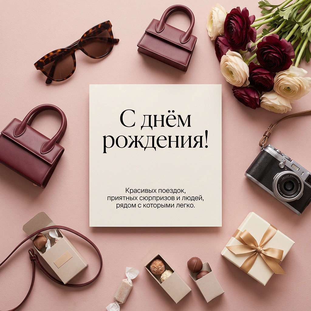 Открытка со стильными  аксессуарами и текстом "С днем рождения! Красивых поездок, приятных сюрпризов и людей, рядом с которыми легко".