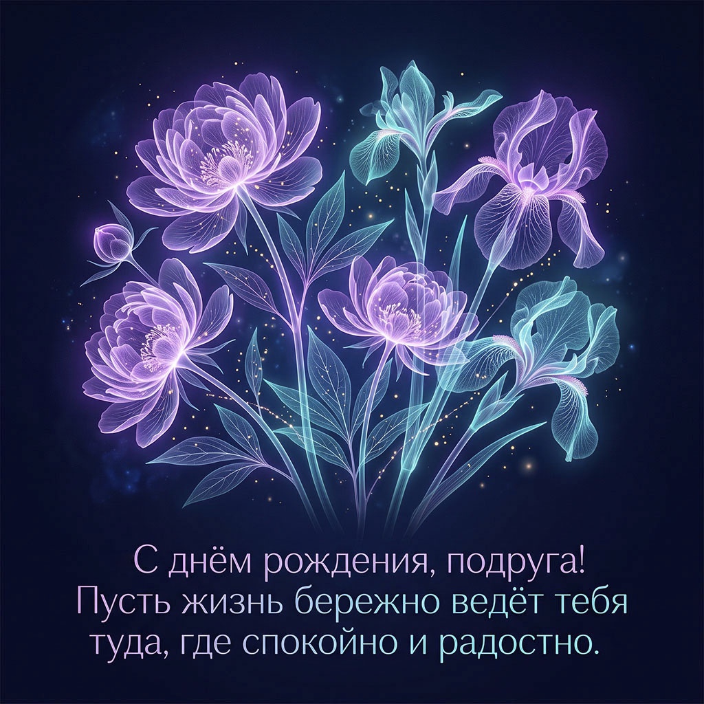 Неоновая открытка с цветами и текстом "С днем рождения, подруга! Пусть жизнь бережно ведет тебя туда, где спокойно и радостно".