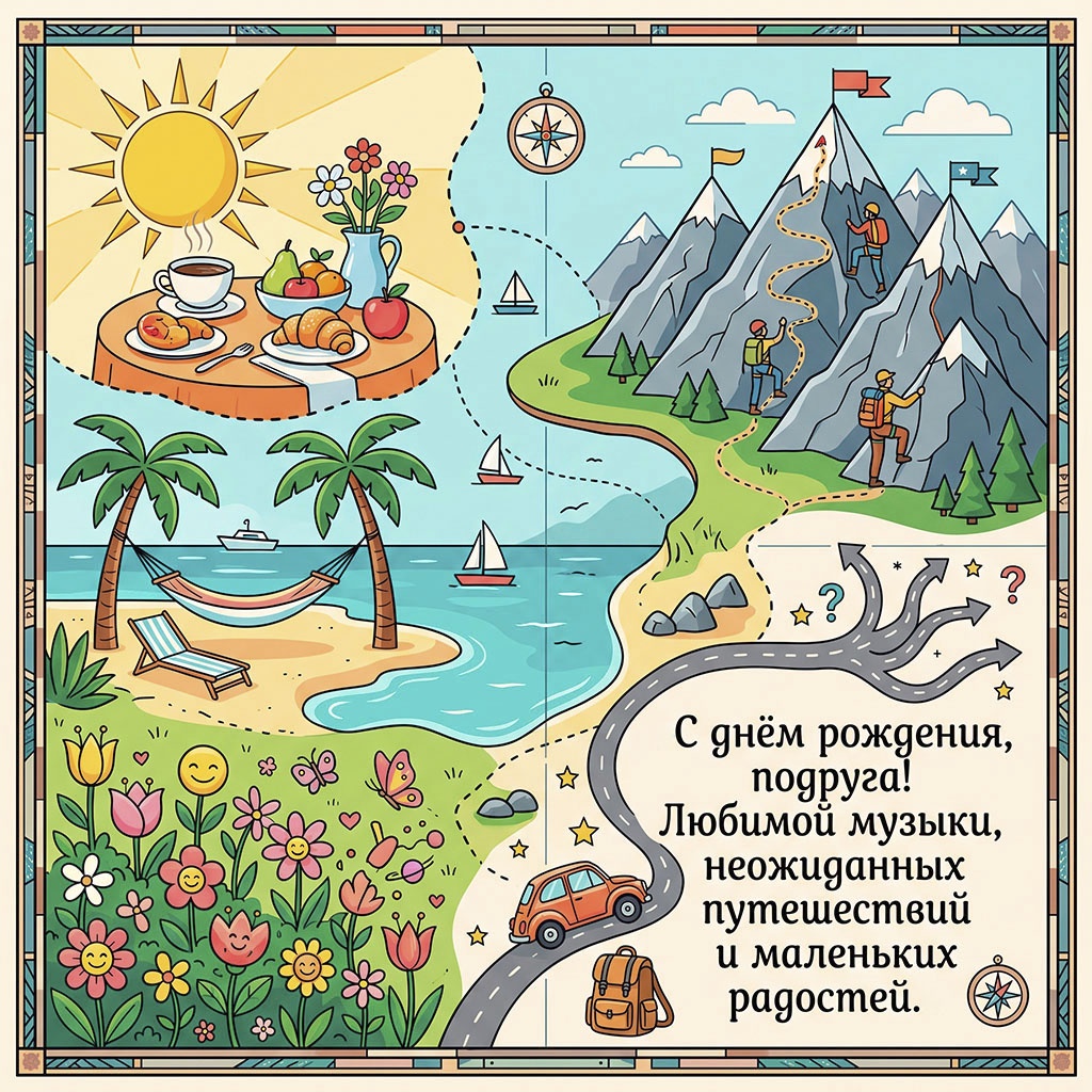Карта-открытка с текстом "С днем рождения, подруга! Любимой музыки, неожиданных путешествий и маленьких радостей".