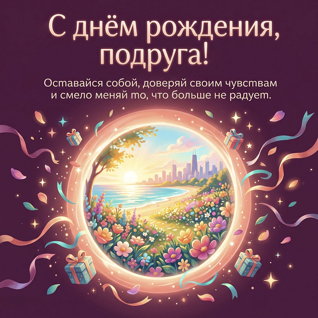 Открытка с порталом на солнечную поляну и текстом "С днем рождения, подруга! Оставайся собой, доверяй своим чувствам и смело меняй то, что больше не радует".