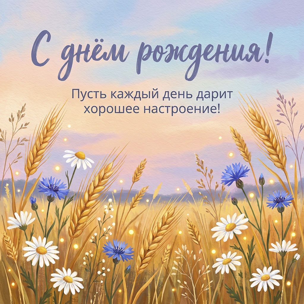 Открытка с полевыми цветами, колосьями и текстом "С днем рождения! Пусть каждый день дарит хорошее настроение!".