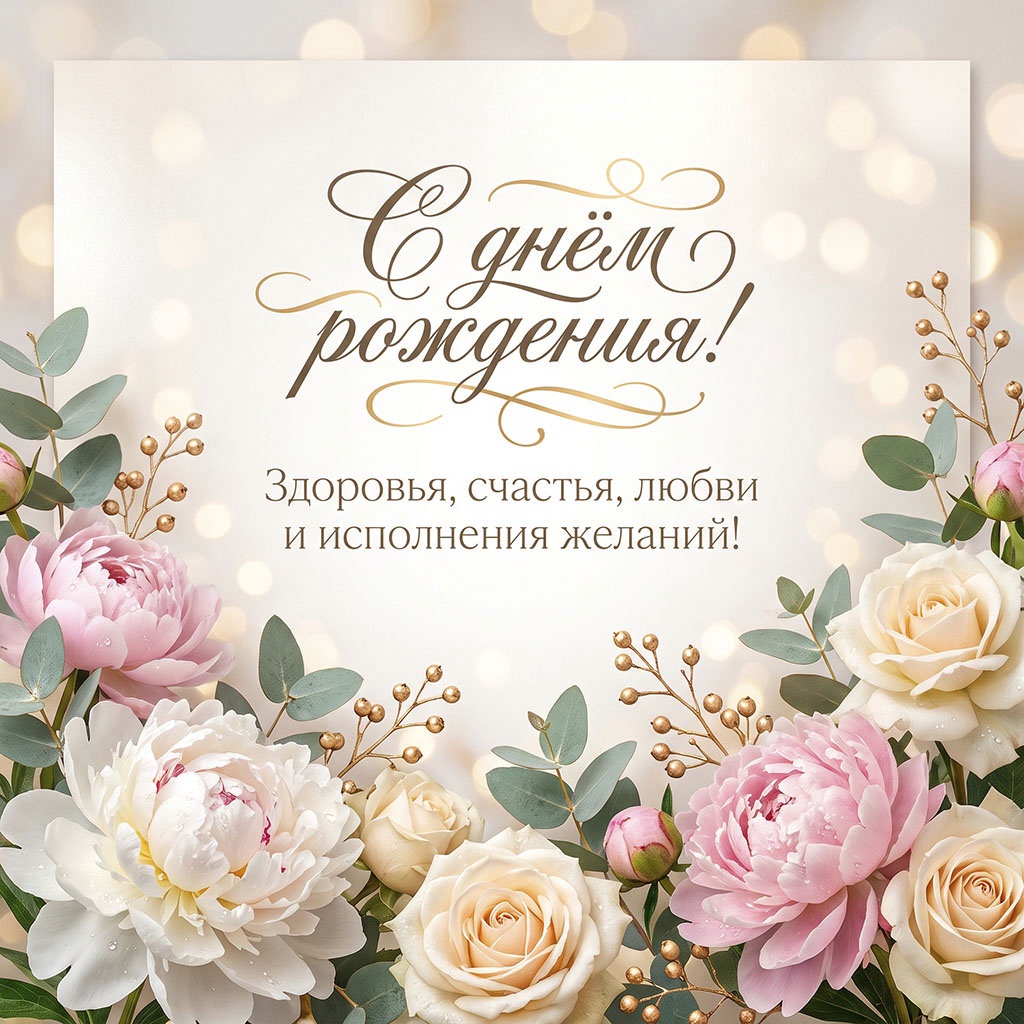 Открытка с цветочным букетом и пожеланием "С днем рождения! Здоровья, счастья, любви и исполнения желаний!".