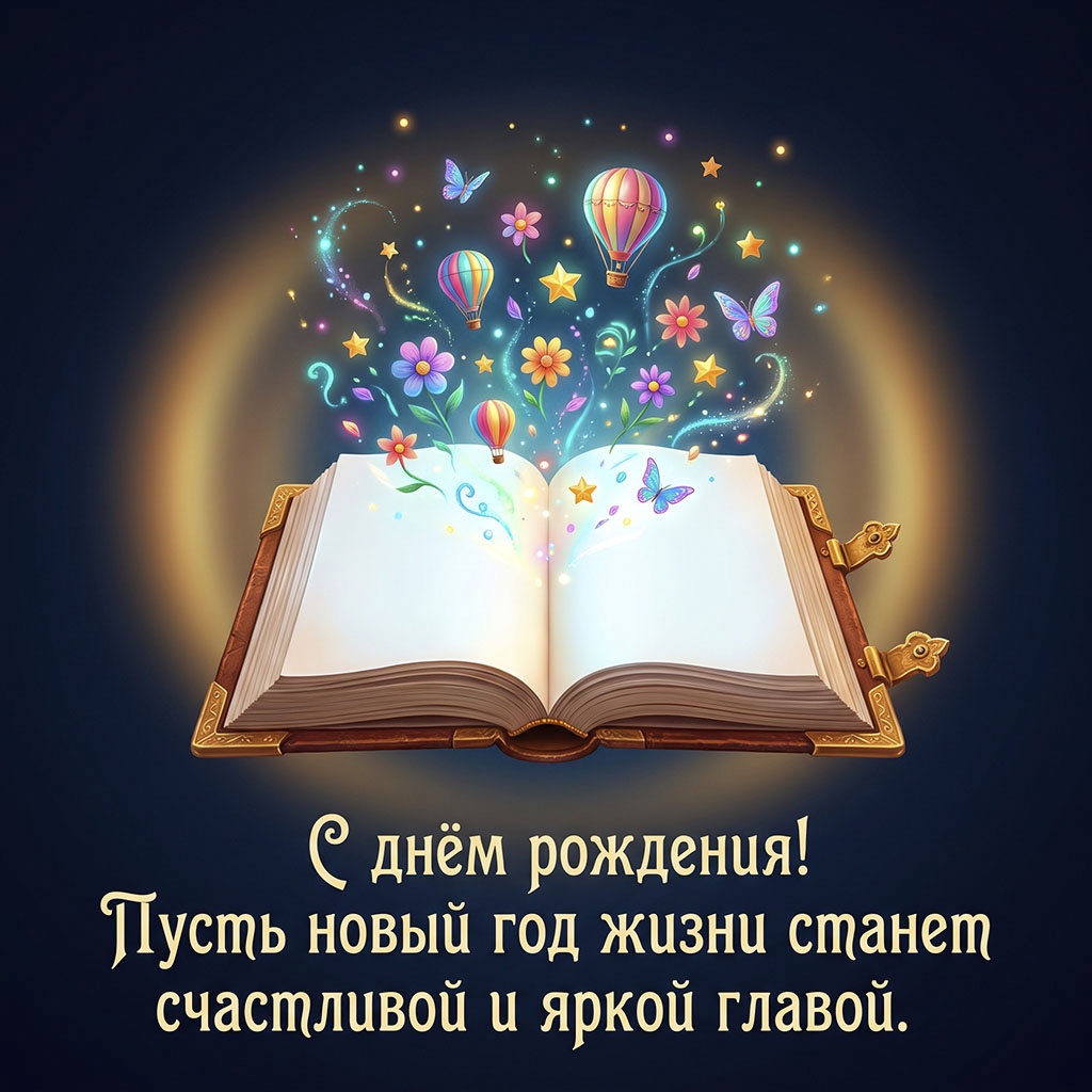 Открытка с волшебной книгой и текстом "С днем рождения! Пусть новый год жизни станет счастливой и яркой главой".