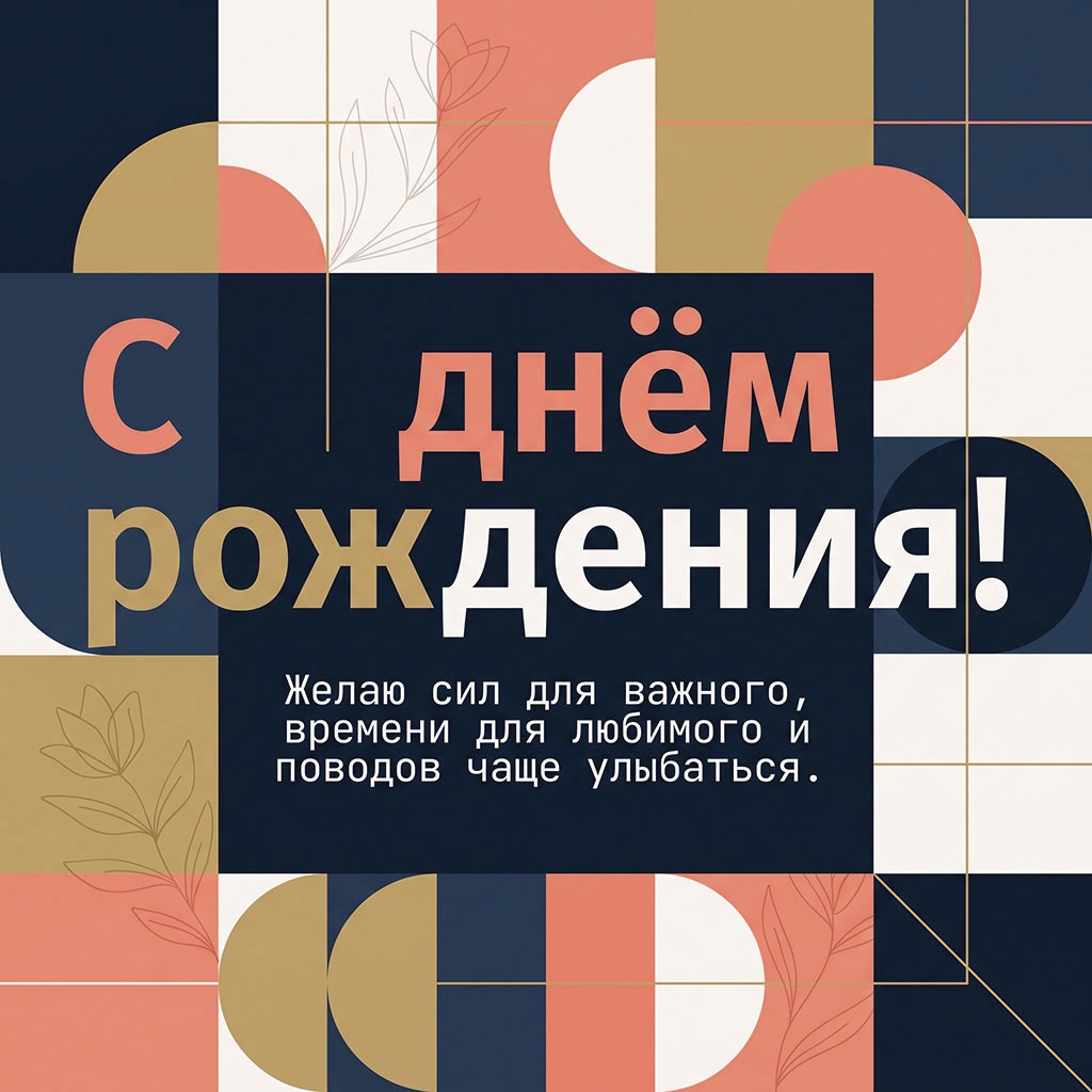 Открытка с геометрическим рисунком и пожаланием "С днем рождения! Желаю сил для важного, времени для любимого и поводов чаще улыбаться".