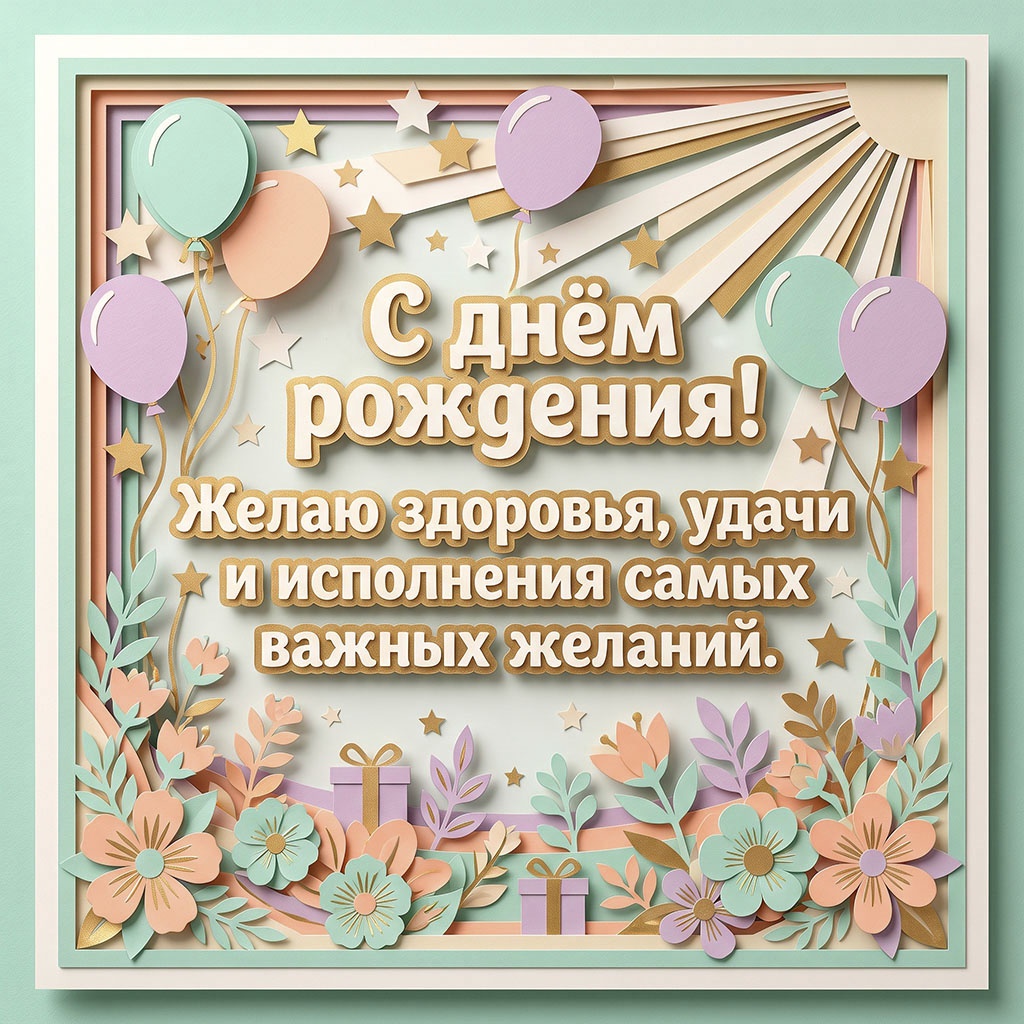 Открытка с бумажными шарами, подарками, цветами и текстом "С днем рождения! Желаю здоровья, удачи и исполнения самых важных желаний".