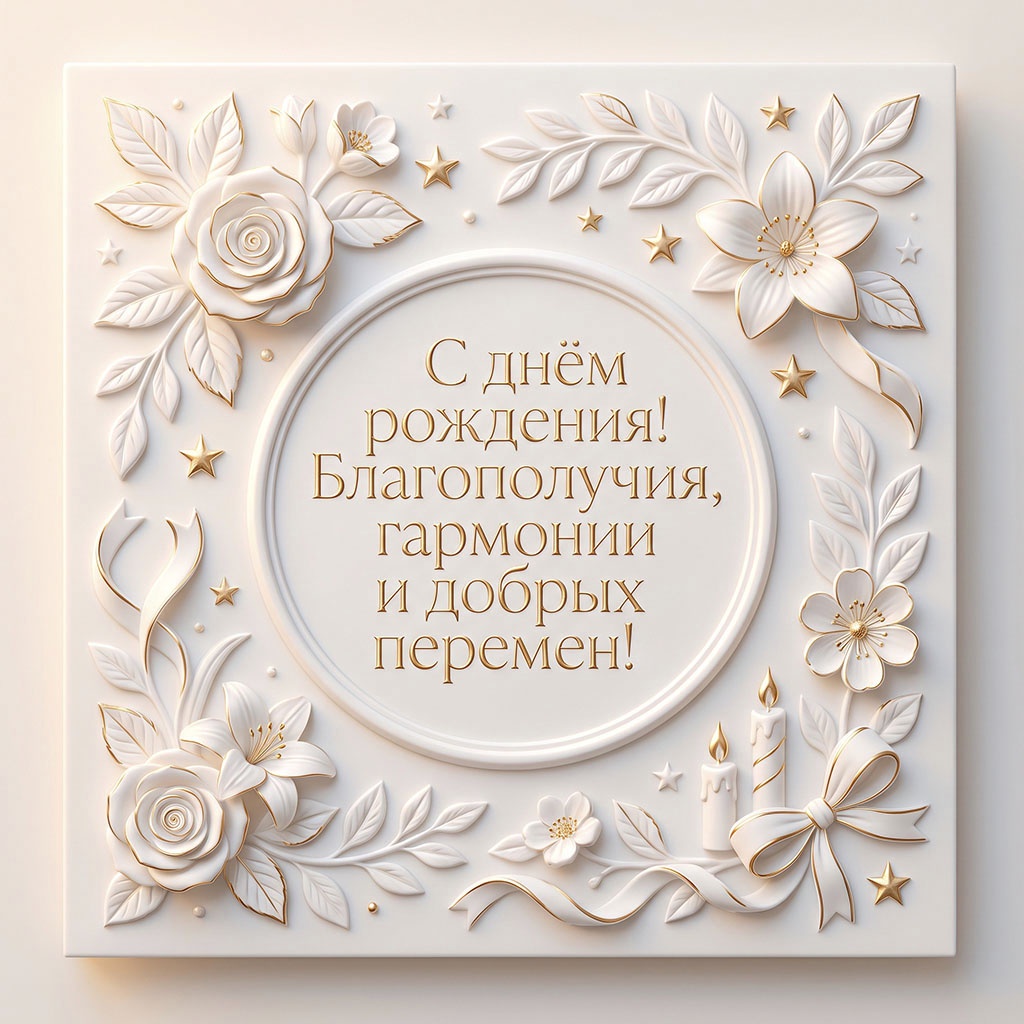 Белая рельефная открытка с цветами, свечами и текстом "С днем рождения! Благополучия, гармонии и добрых перемен!".