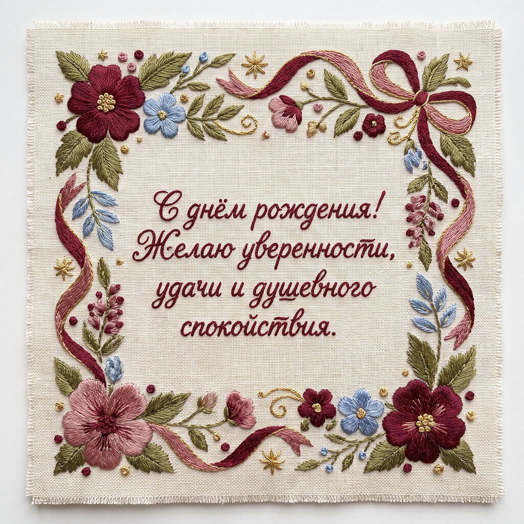 Открытки с днем рождения с пожеланиями и поздравлениями - вышитая открытка с цветами и текстом "С днем рождения! Желаю уверенности, удачи и душевного спокойствия".