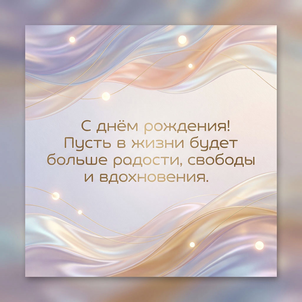 Открытка с абстрактными шелковыми волнами и текстом "С днем рождения! Пусть в жизни будет больше радости, свободы и вдохновения". 