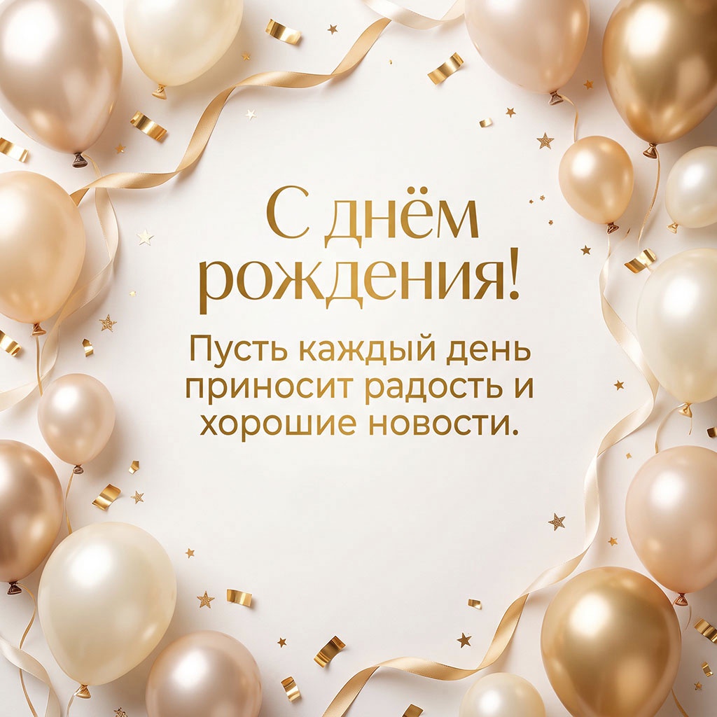 Открытка с золотыми шарами и текстом "С днем рождения! Пусть каждый день приносит радость и хорошие новости".