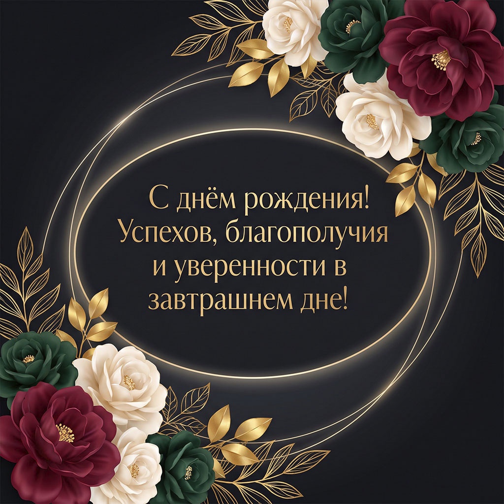 Открытка с цветами и золотыми кольцами, текст "С днем рождения! Успехов, благополучия и уверенности в завтрашнем дне!".