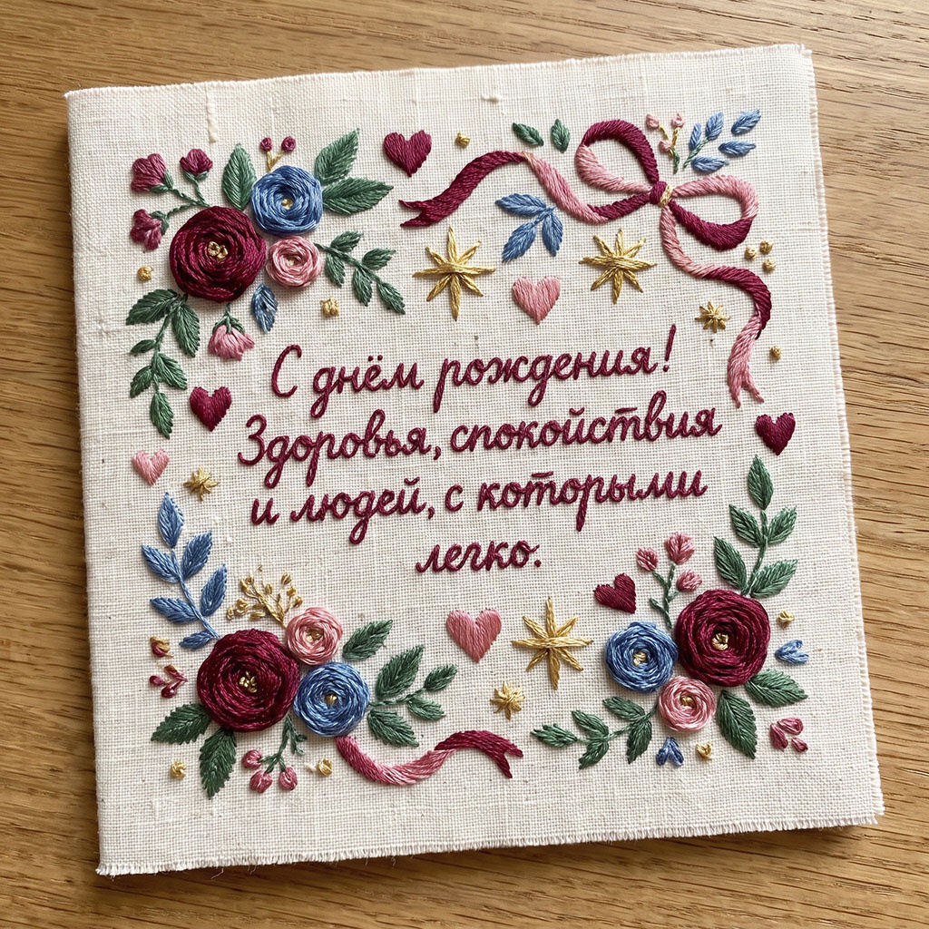 Вышитая открытка с цветами и текстом "С днем рождения! Здоровья, спокойствия и людей, с которыми легко".