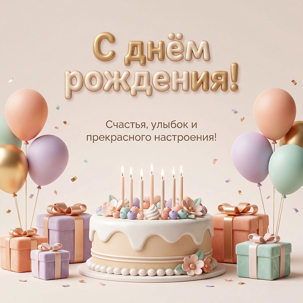 Открытка с тортом, шарами, подарками и текстом "С днем рождения! Счастья, улыбок и прекрасного настроения!".