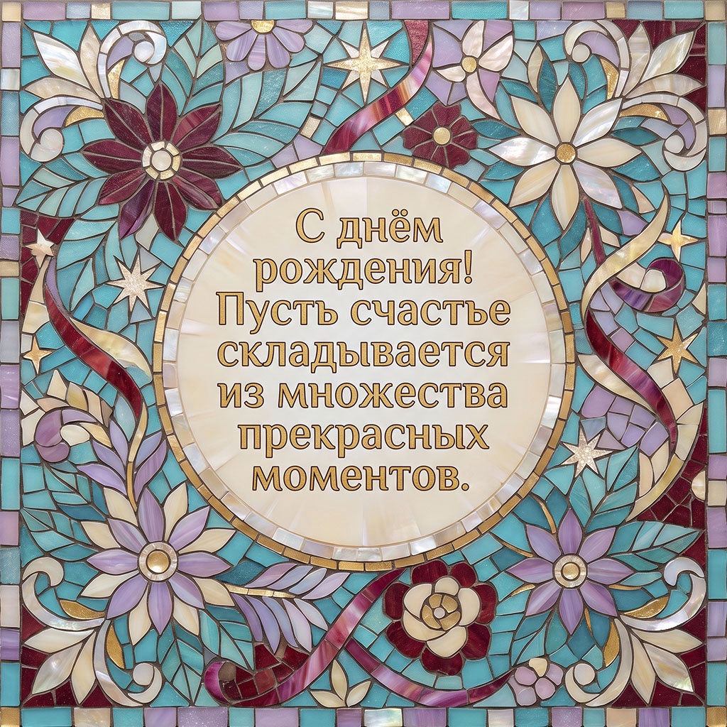 Мозаичная открытка с цветами и текстом "С днем рождения! Пусть счастье складывается из множества прекрасных моментов".