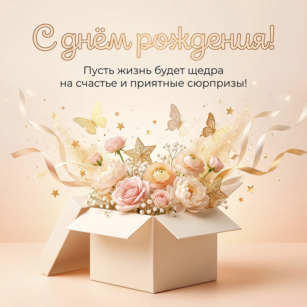Открытка с открытой коробкой, цветами, бабочками и пожеланием "С днем рождения! Пусть жизнь будет щедра на счастье".