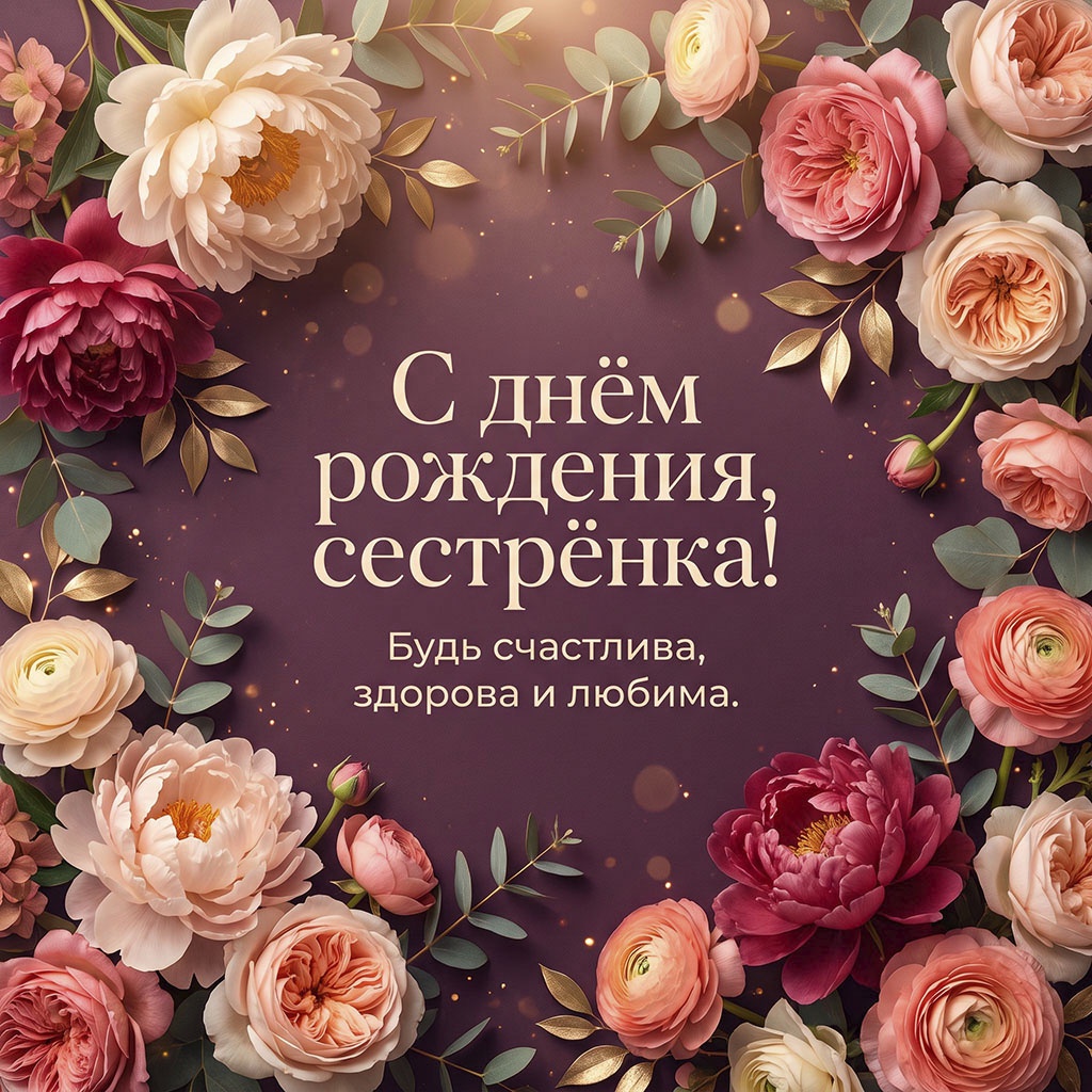 Открытка с цветами и текстом "С днем рождения, сестренка! Будь счастлива, здорова и любима".