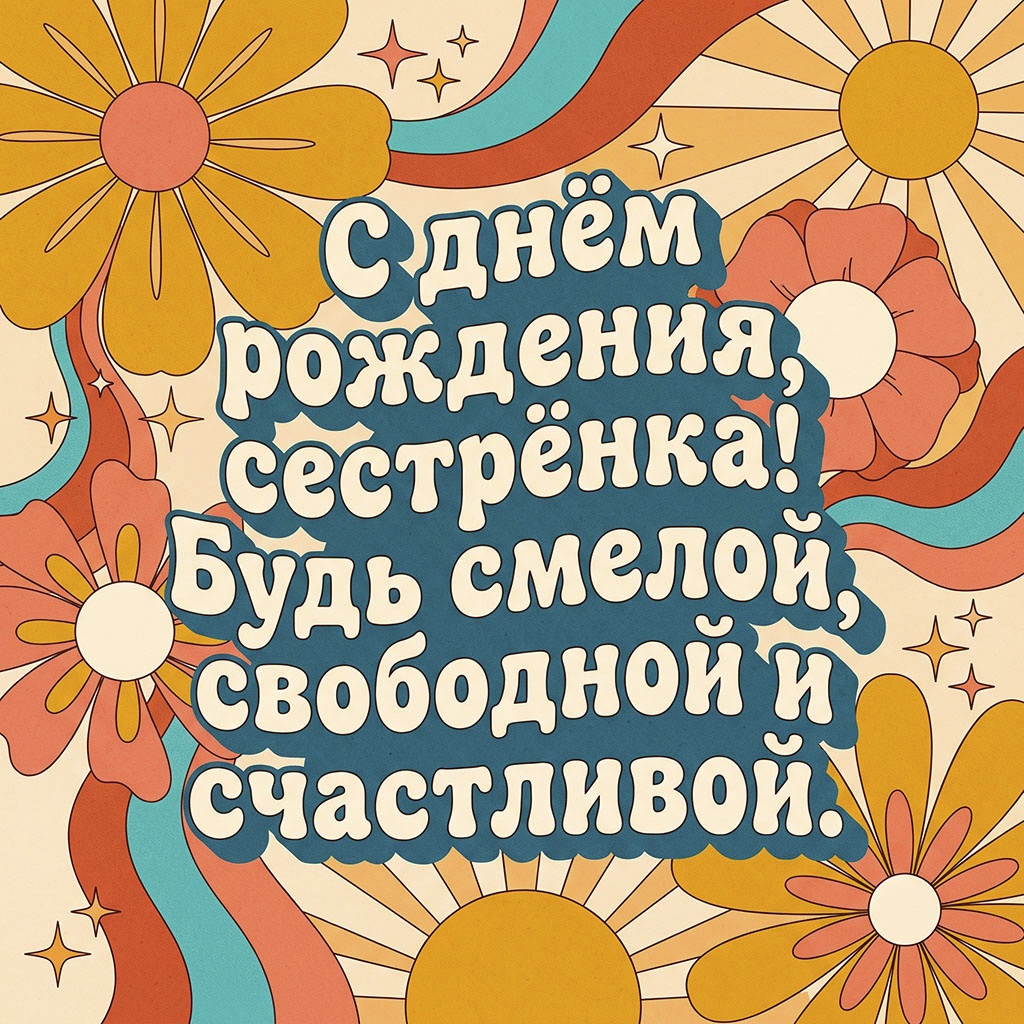 Ретрооткрытка с текстом "С днем рождения, сестренка! Будь смелой, свободной и счастливой". 
