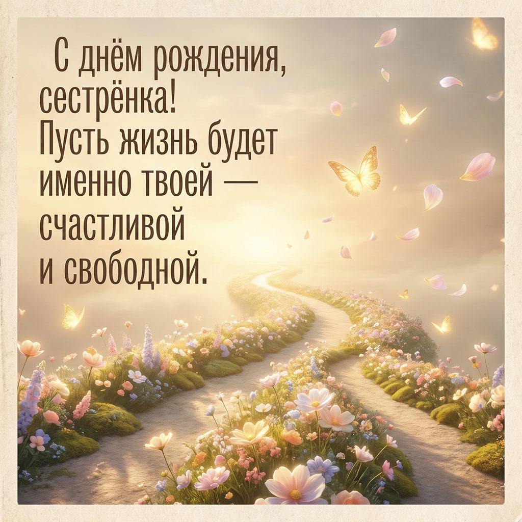 Открытка с тропинкой, бабочками и текстом "С днем рождения, сестренка! Пусть жизнь будет именно твоей - счастливой и свободной". 