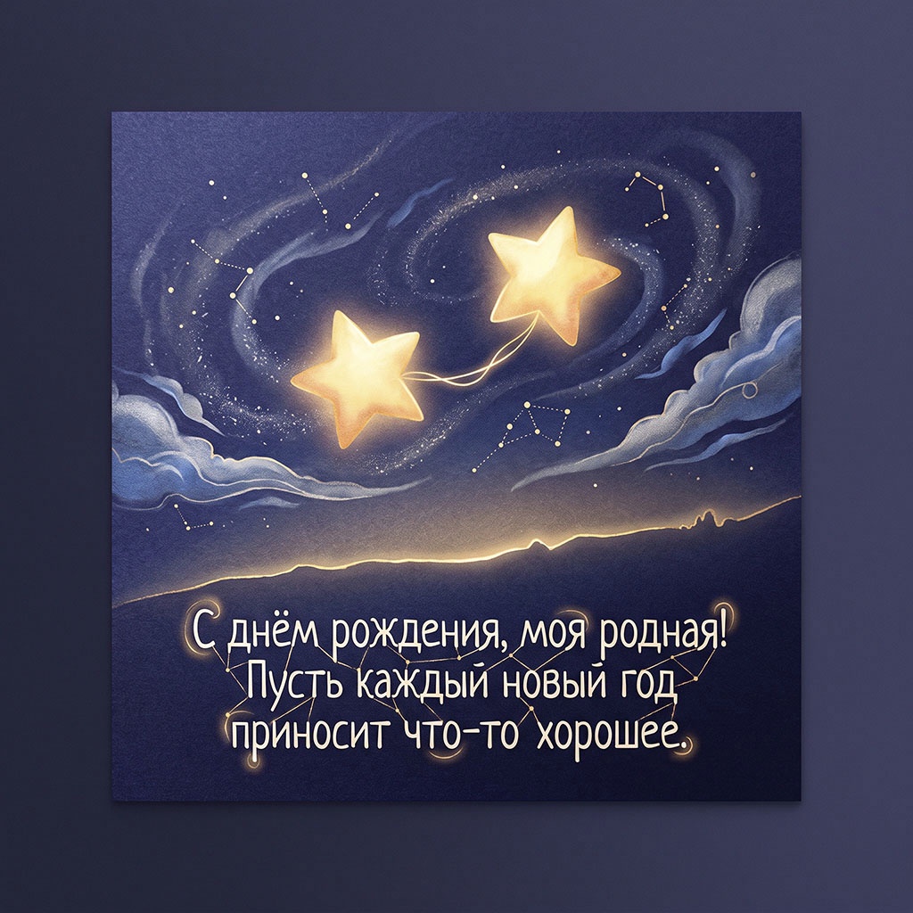 Открытка со звездами и текстом "С днем рождения, моя родная! Пусть каждый новый год приносит что-то хорошее".