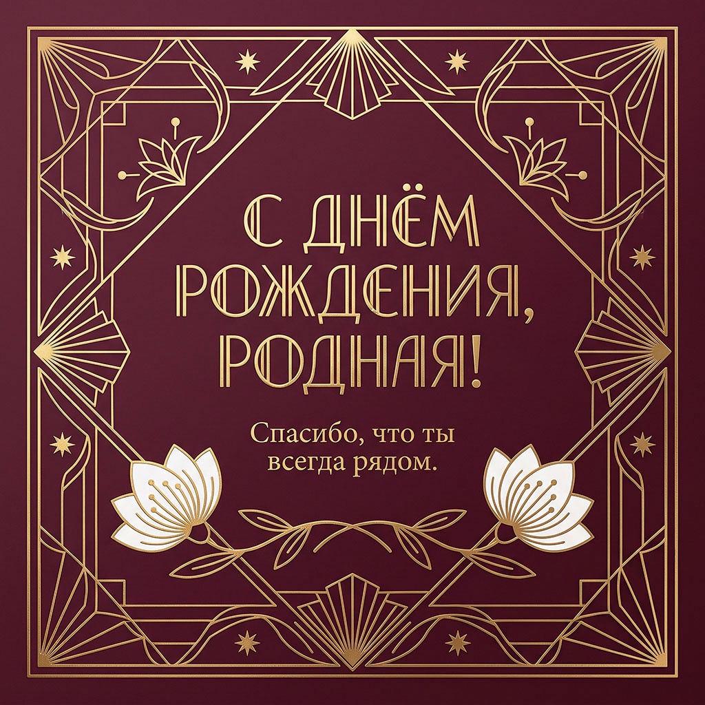 Открытка в стиле ар-деко с текстом "С днем рождения, родная! Спасибо, что ты всегда рядом".