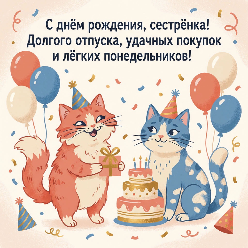 Открытка с веселыми кошками и текстом "С днем рождения, сестренка! Долгого отпуска, удачных покупок и легких понедельников".
