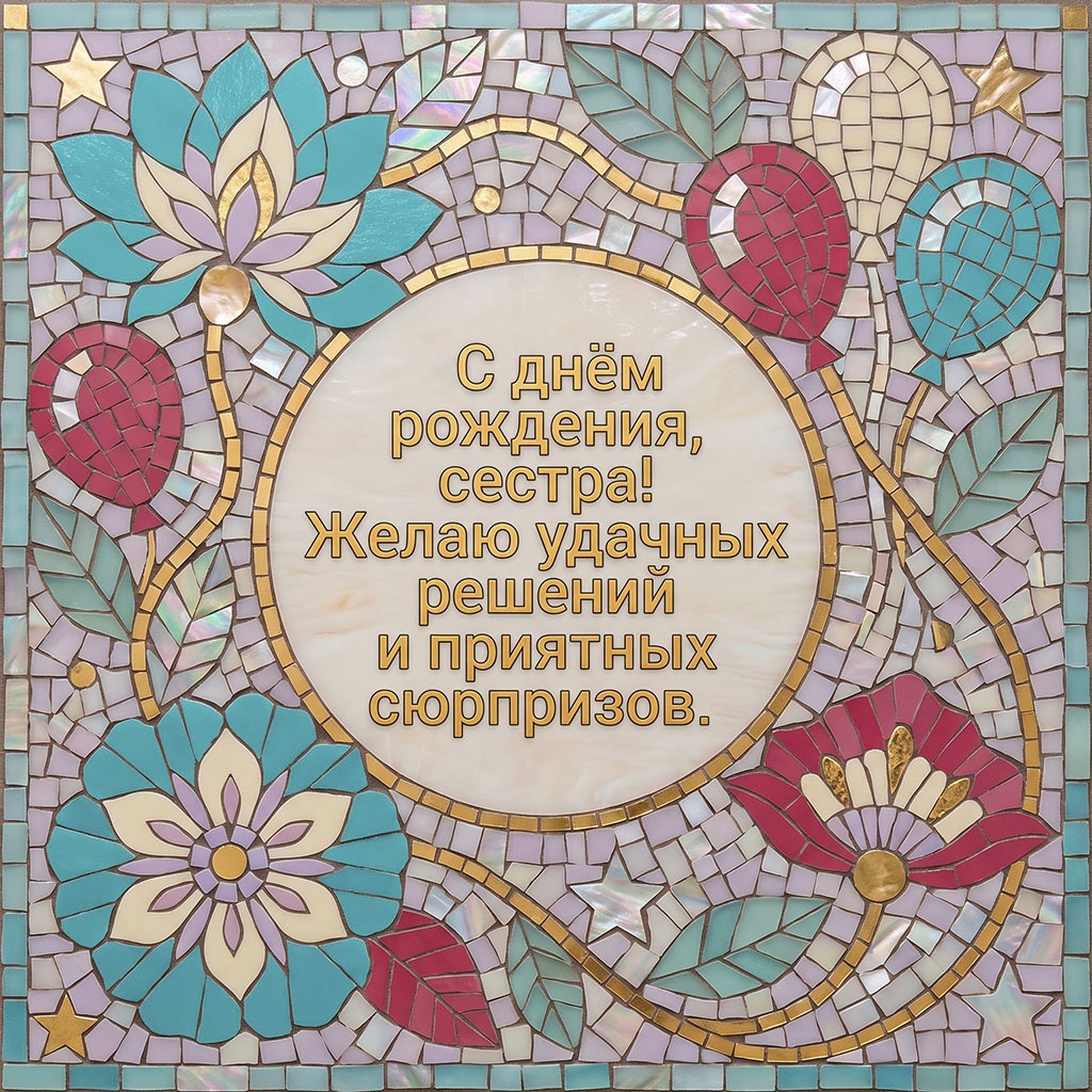Открытка с мозаичным рисунком с текстом поздравления "С днем рождения, сестра! Желаю удачных решений и приятных сюрпризов".