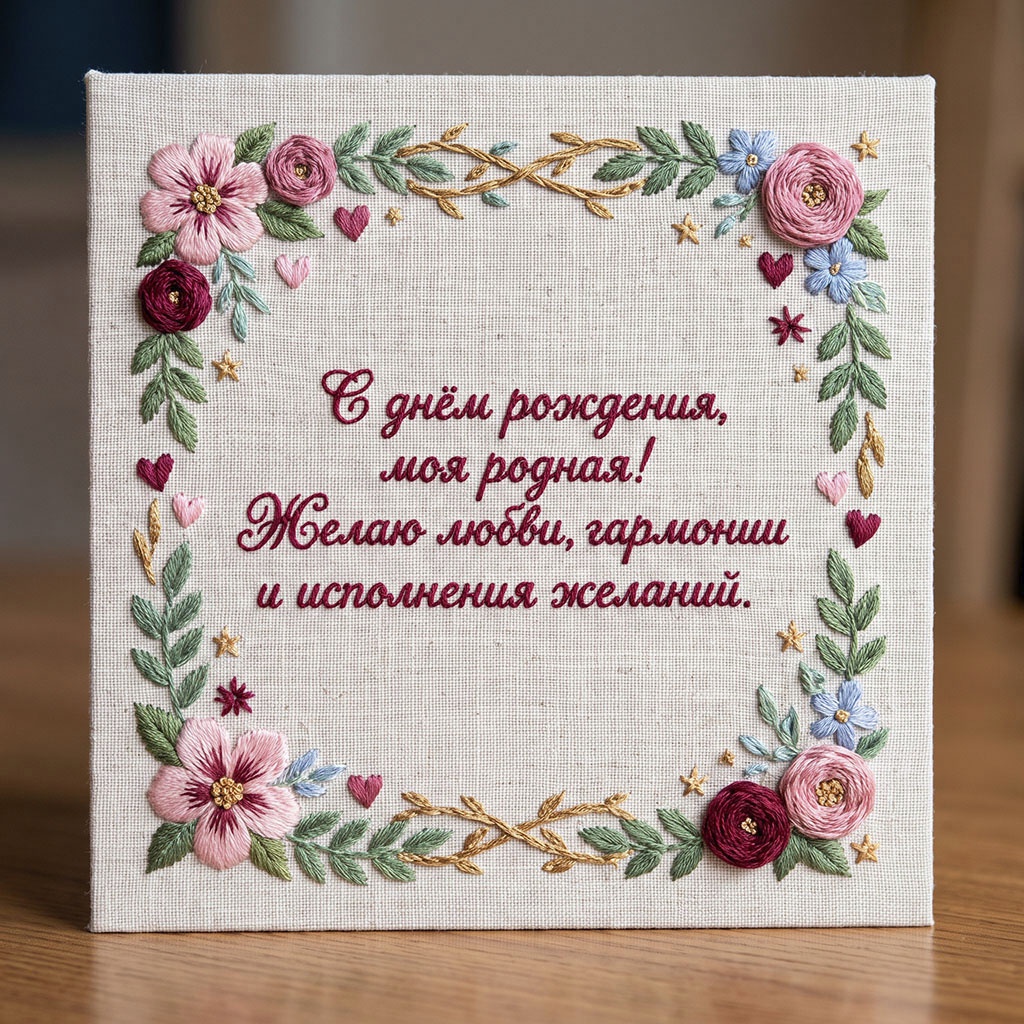 Вышитая открытка с текстом "С днем рождения, моя родная! Желаю любви, гармонии и исполнения желаний".